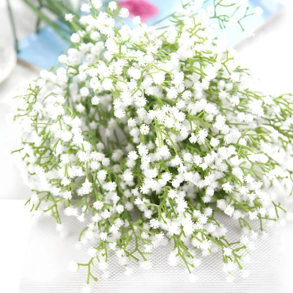 Nettenevime Yapay Çiçek Plastik Beyaz Cipso Demeti 5 Dallı Gelin Çiçeği Ve Aranjman Aradal Çiçeği 30cm - 5