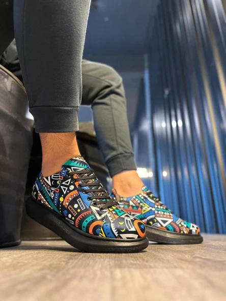 Yüksek Taban Renkli Baskılı Günlük Ayakkabı 046 Siyah (Siyah Taban) ürün görseli 1