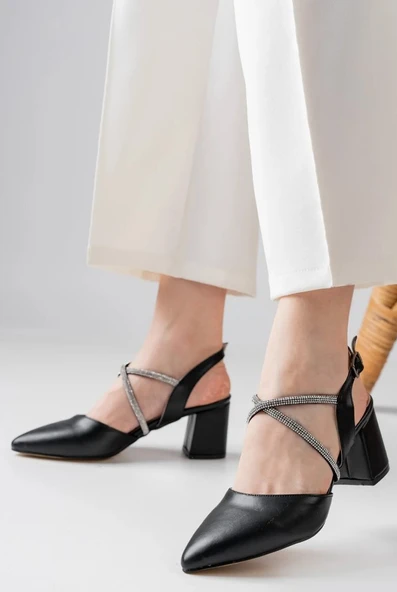 Feles Çapraz Şerit Taş Detaylı Klasik Topuklu Kadın Ayakkabı - Resim 7