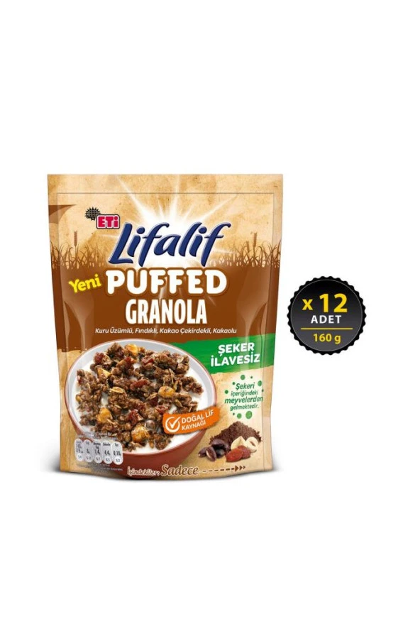 Lifalif Puffed Granola Kakao 160 g x 12 Adet