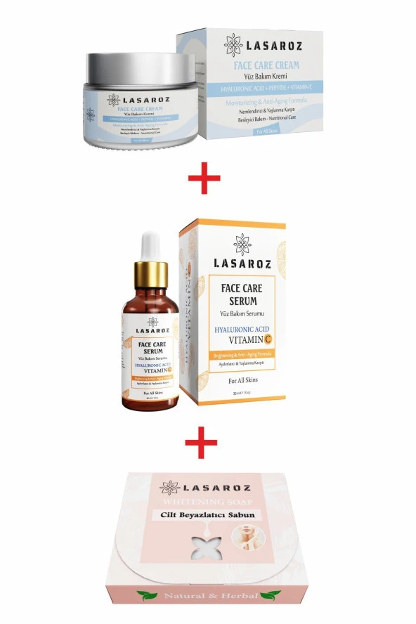 Lasaroz Cilt Beyazlatıcı Doğal Bitkisel Pirinç Sabunu 100 gr + Lasaroz Yüz Bakım Serumu Hyaluronic Acid Vitamin C 30 ml + Lasaroz Yüz Bakım Kremi Hyaluronic Acid Peptide Vitamin E 50 ml