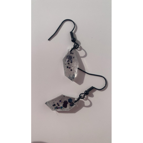 Şeffaf Renkli Siyah Simli Pullu Glitterli Aksesuarlı Kristal Şekil Sallantılı Epoksi Küpe Hediyelik - Resim 7