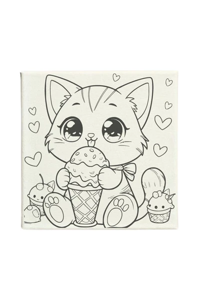 dudu ahşap OKUL Etkinliği 20x20 Resimli Tuval Çocuk Boyama Seti-Sevimli Kedi_model-4 resimli 3 boya 1 fırça