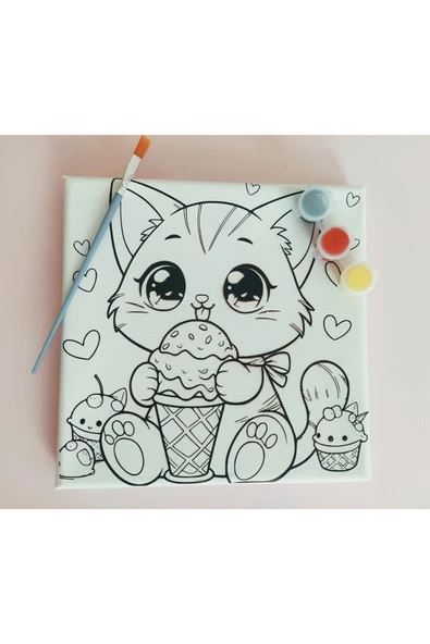 dudu ahşap OKUL Etkinliği 20x20 Resimli Tuval Çocuk Boyama Seti-Sevimli Kedi_model-4 resimli 3 boya 1 fırça - 3