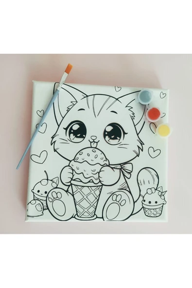 dudu ahşap OKUL Etkinliği 20x20 Resimli Tuval Çocuk Boyama Seti-Sevimli Kedi_model-4 resimli 3 boya 1 fırça - 2