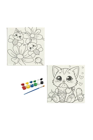 dudu ahşap OKUL Etkinliği-2'li Tuval Boyama Seti. 20x20 Cm Uv Baskı 6 Akrilik Boya 1 Fırça-model-60