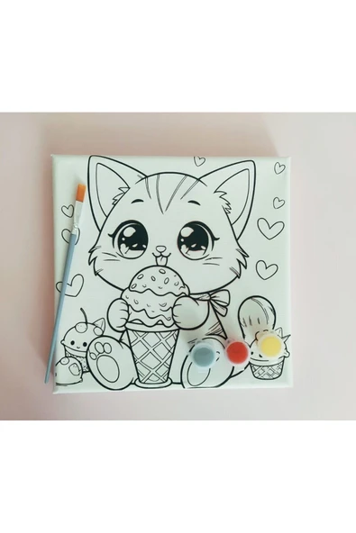 dudu ahşap OKUL Etkinliği 20x20 Resimli Tuval Çocuk Boyama Seti-Sevimli Kedi_model-4 resimli 3 boya 1 fırça - 4