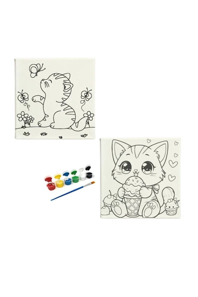 dudu ahşap OKUL Etkinliği-2'li Tuval Boyama Seti. 20x20 Cm Uv Baskı 6 Akrilik Boya 1 Fırça-model-63 - 1