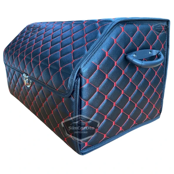 Araç Bagaj Düzenleyici Deri Çanta Organizer Deri Araba Çantası Oto Içi Eşya Aksesuarları Düzenleme Otomobil Aksesuar Malzeme Kırmızı Dikişli Kapitone - 4