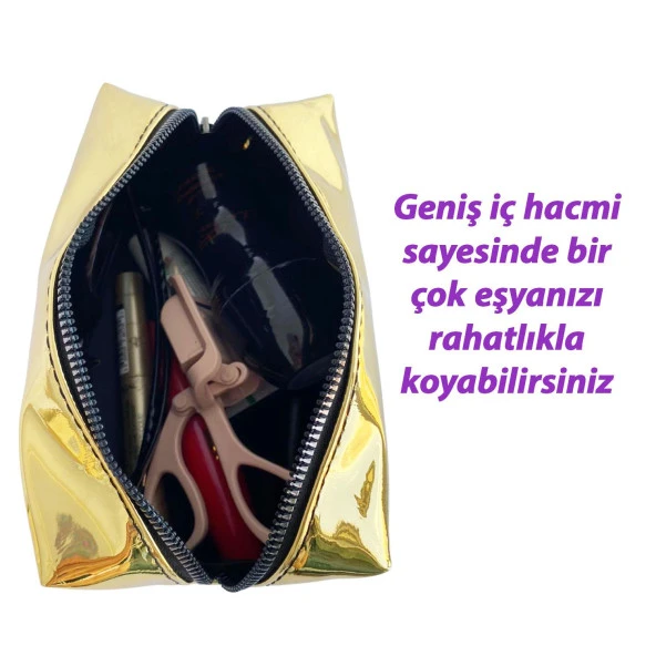 Makyaj Çantası Altın Gold Renkli Düzenleyici Seyahat Tipi Aynalı Kumaş Çok Amaçlı Çanta Organizer - 2