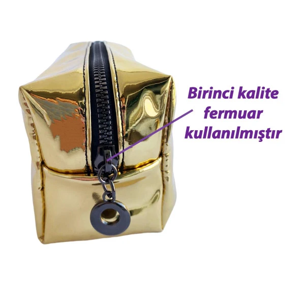 Makyaj Çantası Altın Gold Renkli Düzenleyici Seyahat Tipi Aynalı Kumaş Çok Amaçlı Çanta Organizer - 3