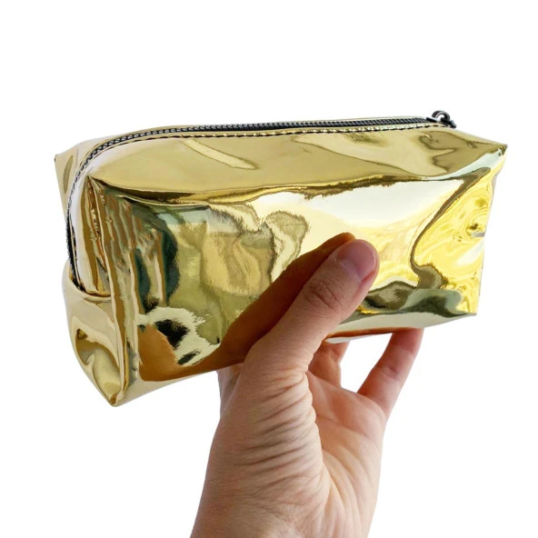 Makyaj Çantası Altın Gold Renkli Düzenleyici Seyahat Tipi Aynalı Kumaş Çok Amaçlı Çanta Organizer - 4