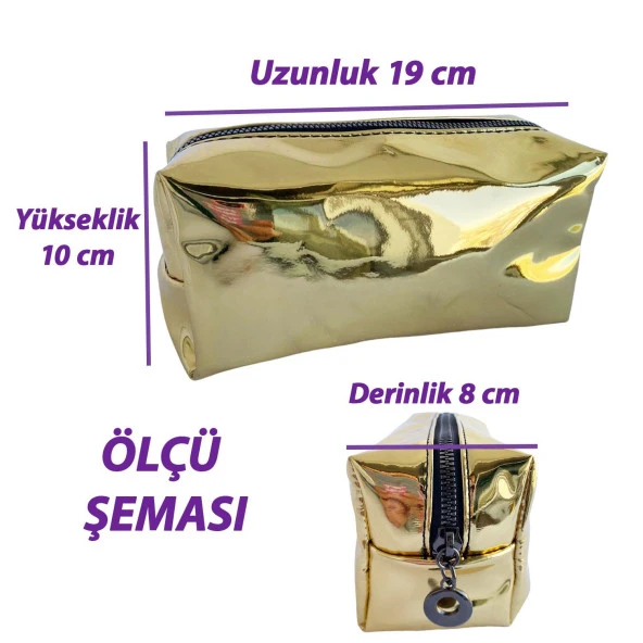 Makyaj Çantası Altın Gold Renkli Düzenleyici Seyahat Tipi Aynalı Kumaş Çok Amaçlı Çanta Organizer - 5
