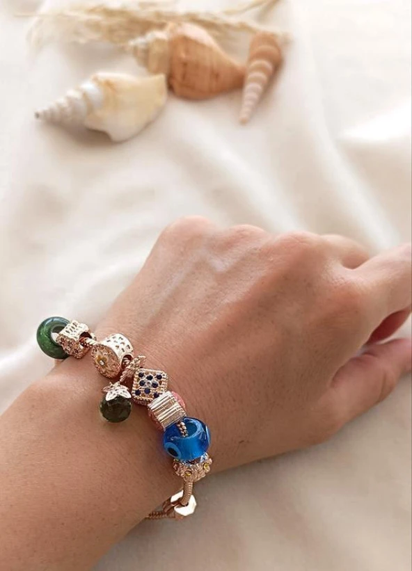 Bileklik Charm Nazar Boncuğu Kalp Yılan Zincir Bileklik - Resim 2