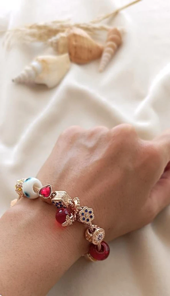 Bileklik Charm Nazar Boncuğu Kalp Yılan Zincir Bileklik - Resim 3