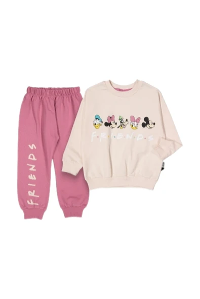 Bisiklet Yaka Uzun Kollu Minnie Mouse Baskılı Kız Çocuk Sweatshirt ve Eşofman Alt 2'li Takım