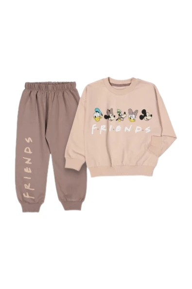 Bisiklet Yaka Uzun Kollu Minnie Mouse Baskılı Kız Çocuk Sweatshirt ve Eşofman Alt 2'li Takım