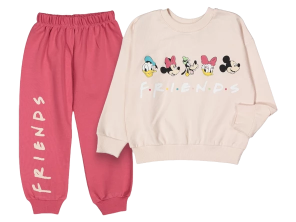 Bisiklet Yaka Uzun Kollu Minnie Mouse Baskılı Kız Çocuk Sweatshirt ve Eşofman Alt 2'li Takım