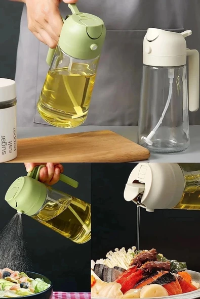 2'li Çift Fonksiyonlu Cam Yağdanlık 550ml Zeytinyağı Sıvıyağ Şişesi Airfryer Sprey Yağlık Sirkelik - 3