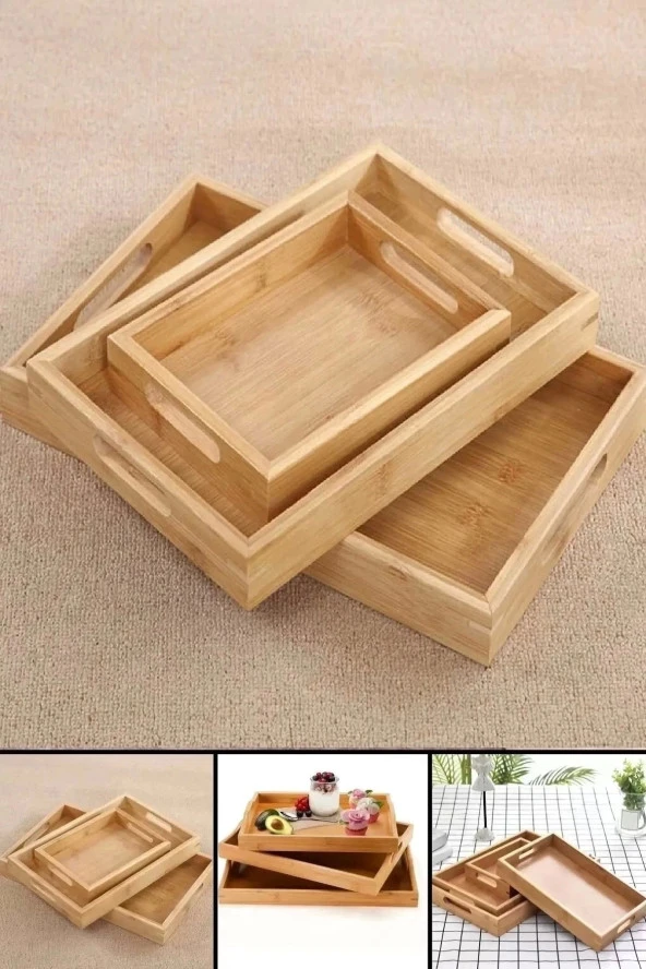 3lü Lüx Bambu Tepsi Seti Çay Tepsisi, Sunum Tepsisi, Kahve Sunum Tepsisi Kare Köşe Yemek Tepsi - 2