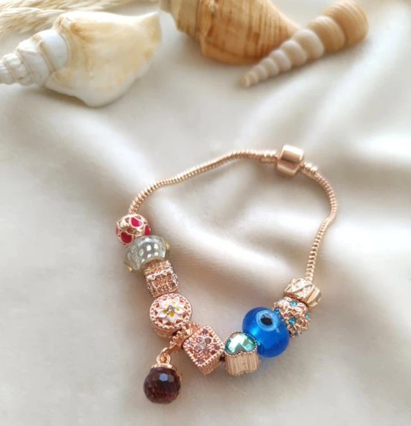 Bileklik Charm Nazar Boncuğu Kalp Yılan Zincir Bileklik - Resim 4