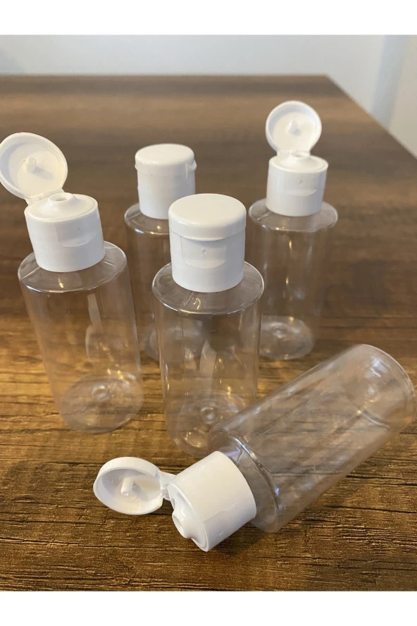 100 Adet 50 ml Şeffaf Plastik Şişe + Flip Top Kapak Dezenfektan Şişesi  Açmalı Kapak
