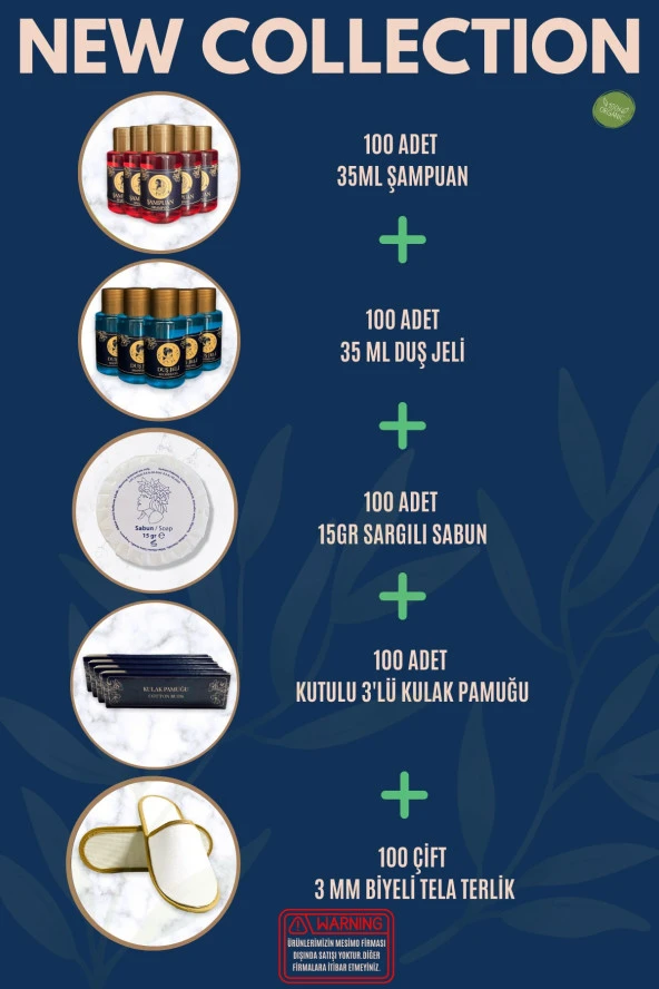 Otel Şampuanı + Duş Jeli + Sabunu + 3'lü Kulak Pamuğu + Terlik 100'lü Set Etiketli ürün görseli 1
