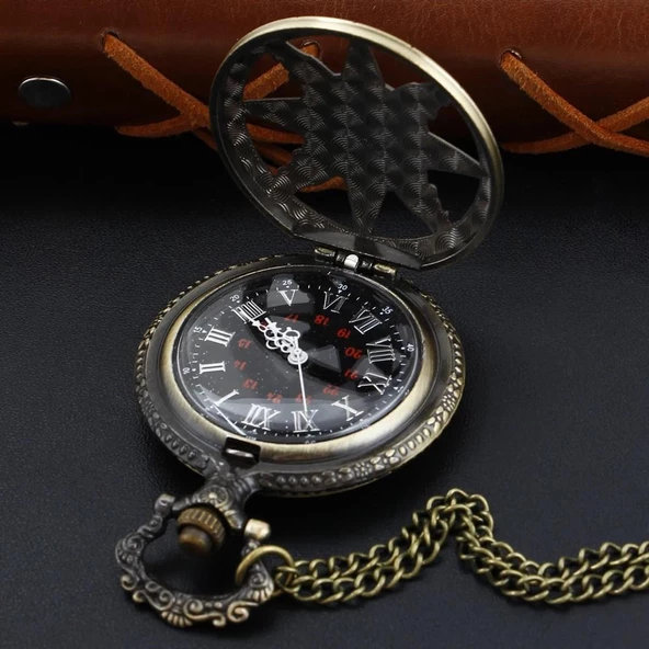 Zümrüt Yeşili Bronz Renkli Antik Güneş Ve Kutup Yıldızı Figürlü Saat Kadın Kolye SL8094 - 5