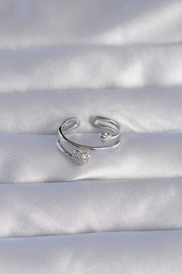 Pirinç Gümüş Renk Zirkon Taşlı Kalpli Model Ayarlanabilir Yüzük - EBJ240714W25317 - Resim 2