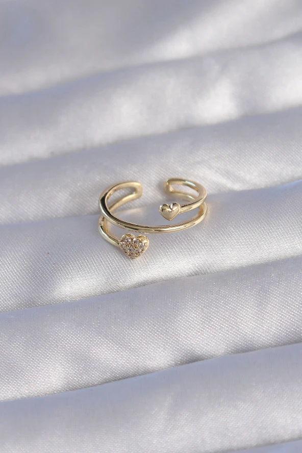 Pirinç Gold Renk Zirkon Taşlı Kalpli Model Ayarlanabilir Yüzük - EBJ240714W25318 - Resim 2