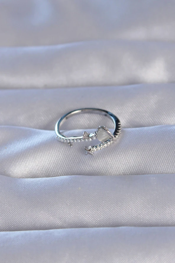 Pirinç Gümüş Renk Zirkon Taşlı İncili Satürn Model Ayarlanabilir Yüzük - EBJ240714W25337 - Resim 2