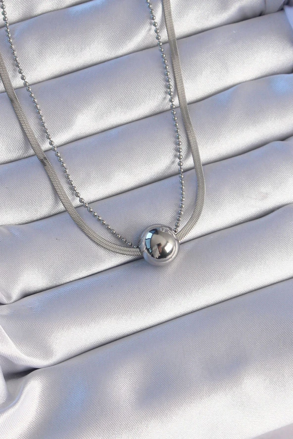 316L Çelik Çift Zincirli Gümüş Renk Topçuk İtalyan Model Kolye - EBJ240714W25385 ürün görseli