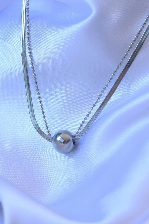 316L Çelik Çift Zincirli Gümüş Renk Topçuk İtalyan Model Kolye - EBJ240714W25385 - Resim 2