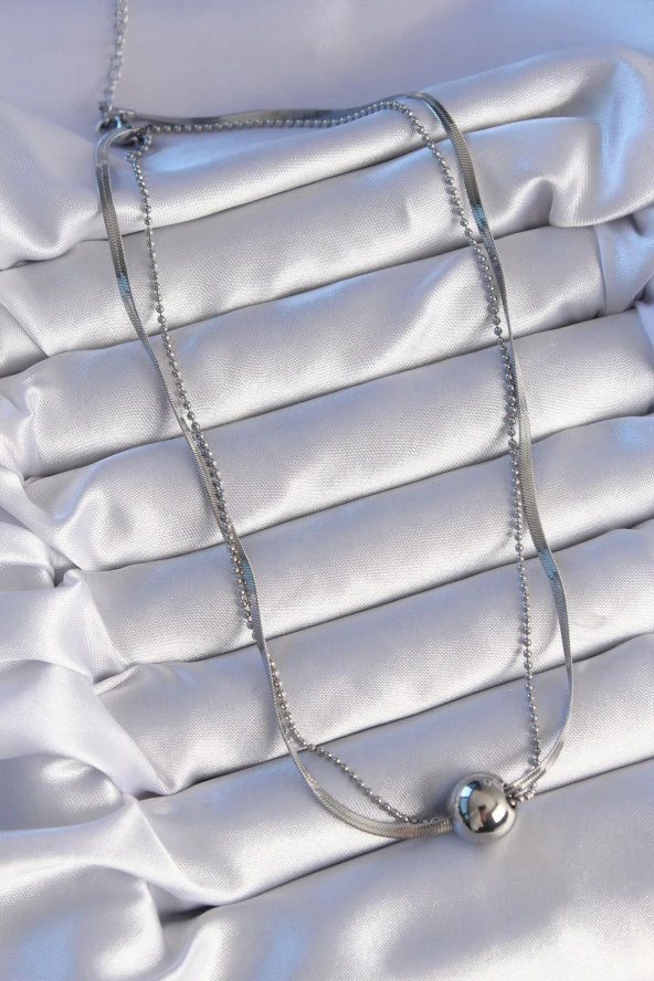 316L Çelik Çift Zincirli Gümüş Renk Topçuk İtalyan Model Kolye - EBJ240714W25385 - Resim 3