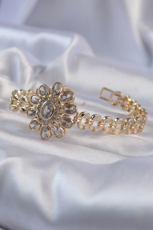 Pirinç Gold Renk İri Zirkon Taşlı Çiçek Figürlü Bileklik - EBJ240714W25430 - Resim 5