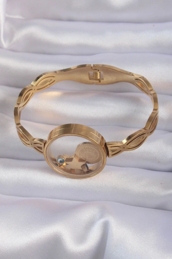 316L Çelik Altın Renk İçi Nazar Boncuk ve Yıldız Figürlü Açılabilir Fanus Kelepçe - EBJ240714W25445 - Resim 3