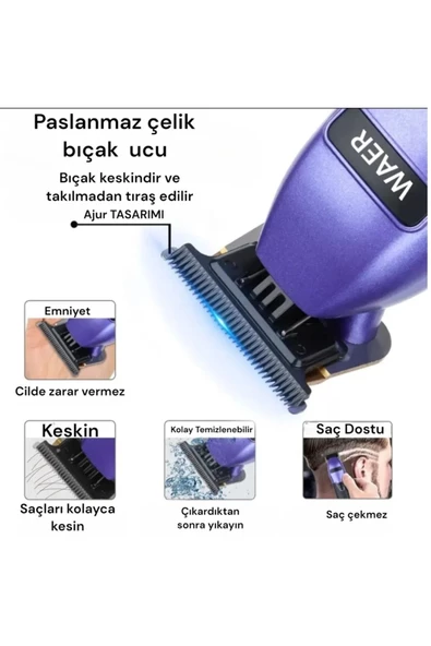 Profesyonel Dijital Ekranlı Cilde Zararsız Saç Sakal Tıraş Makinesi Şarj Göstergeli - 7
