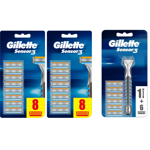 Gillette Sensor3 Erkek Tıraş Bıçakları 8+8 +6 yedek + Makina