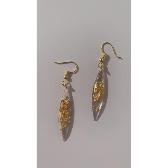 Şeffaf Renkli Gold Varak Süslemeli Gold Aksesuar Parlak Büyük Simetrik Şekil Sallantılı Epoksi Küpe - Resim 2