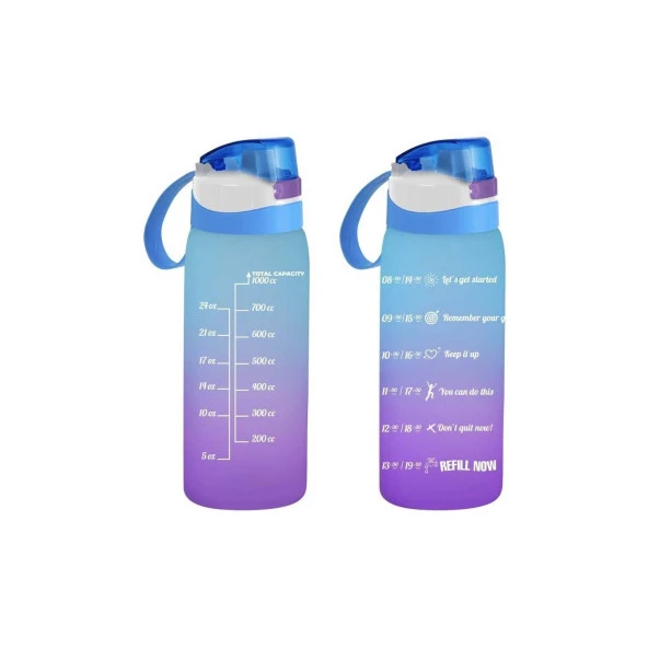 Herevin Matara Çift Renk Boyalı Ölçü Baskılı Mavi 1 Litre Motivasyon Matara Suluk