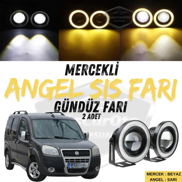 Fiat Doblo D2 2005-2010 Uyumlu Üniversal Mercekli Angel Sis Farı Metal Su Geçirmez 76 mm Sarı Halkalı Gündüz Farı Angel Eyes 2 Adet