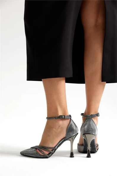 Feles Bilek Bağlı Üç Şerit Taş Detaylı Topuklu Stiletto Kadın Ayakkabı - Resim 12