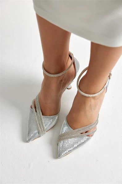 Feles Bilek Bağlı Üç Şerit Taş Detaylı Topuklu Stiletto Kadın Ayakkabı - Resim 6