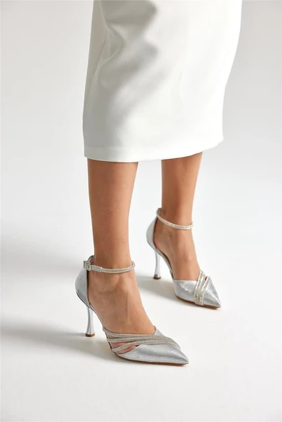 Feles Bilek Bağlı Üç Şerit Taş Detaylı Topuklu Stiletto Kadın Ayakkabı - Resim 7