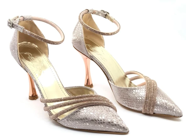 Feles Bilek Bağlı Üç Şerit Taş Detaylı Topuklu Stiletto Kadın Ayakkabı - Resim 2