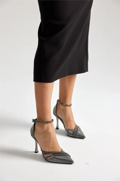 Feles Bilek Bağlı Üç Şerit Taş Detaylı Topuklu Stiletto Kadın Ayakkabı - Resim 3