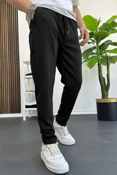 Erkek Slim Fit Beli Lastikli Double Paça Jogger Pantolon Siyah Edw114 - 2