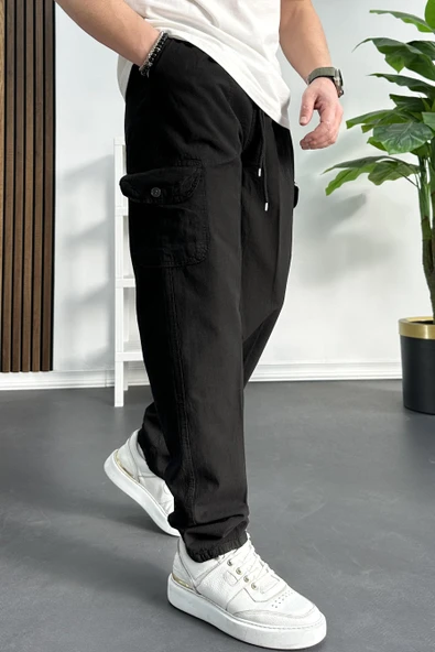 Erkek Baggy Kalıp Kargo Cepli Pantolon Siyah Edw131