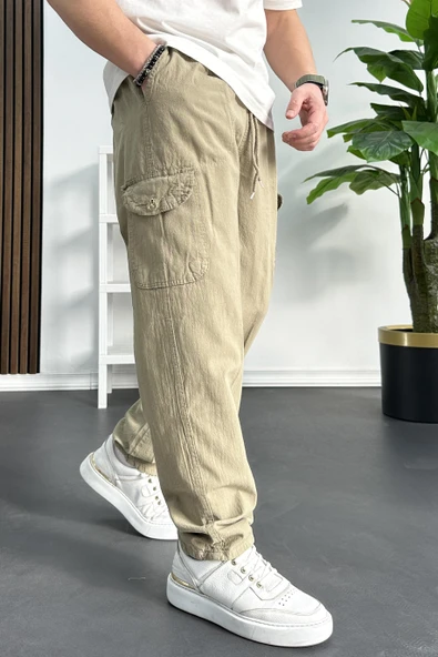 Erkek Baggy Kalıp Kargo Cepli Pantolon Kahverengi Edw131 - Resim 2
