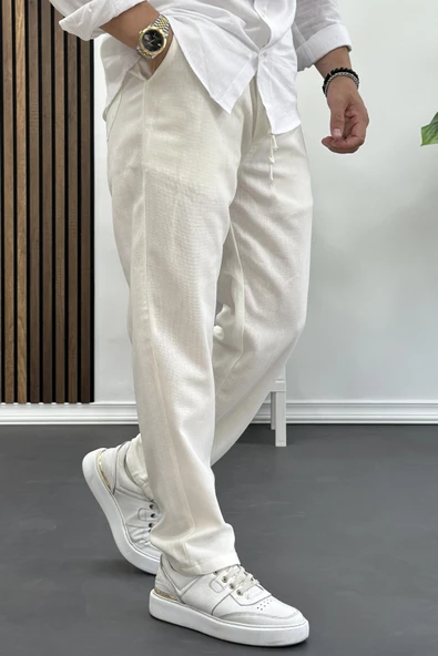 Erkek Rahat Kesim Keten Pantolon Beyaz Edw138 - Resim 2